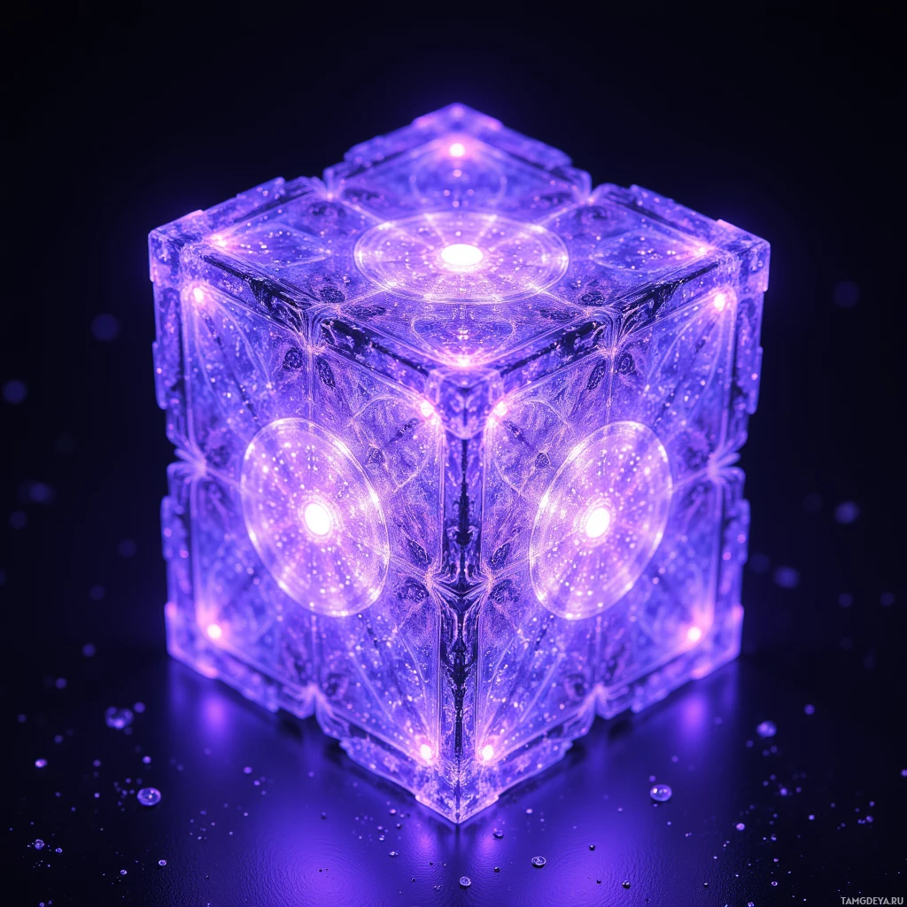 Semi-abstract image with many light, that is suitable for the post:  Thin lattice cube of translucent nanite filaments, glowing with a soft violet bioluminescence that shifts in 3D patterns, featuring a subtle metallic filigree surface and a single biometric input port.