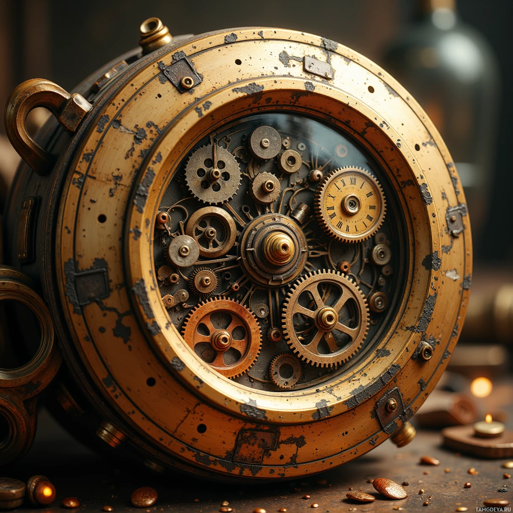 Semi-abstract image with many light, that is suitable for the post:  Brass mechanical calculator with polished copper gears, intricate metalwork, parchment inlay detailing, a tiny OLED screen embedded in the frame displaying live data, antique brass finish with subtle patina and parchment texture.