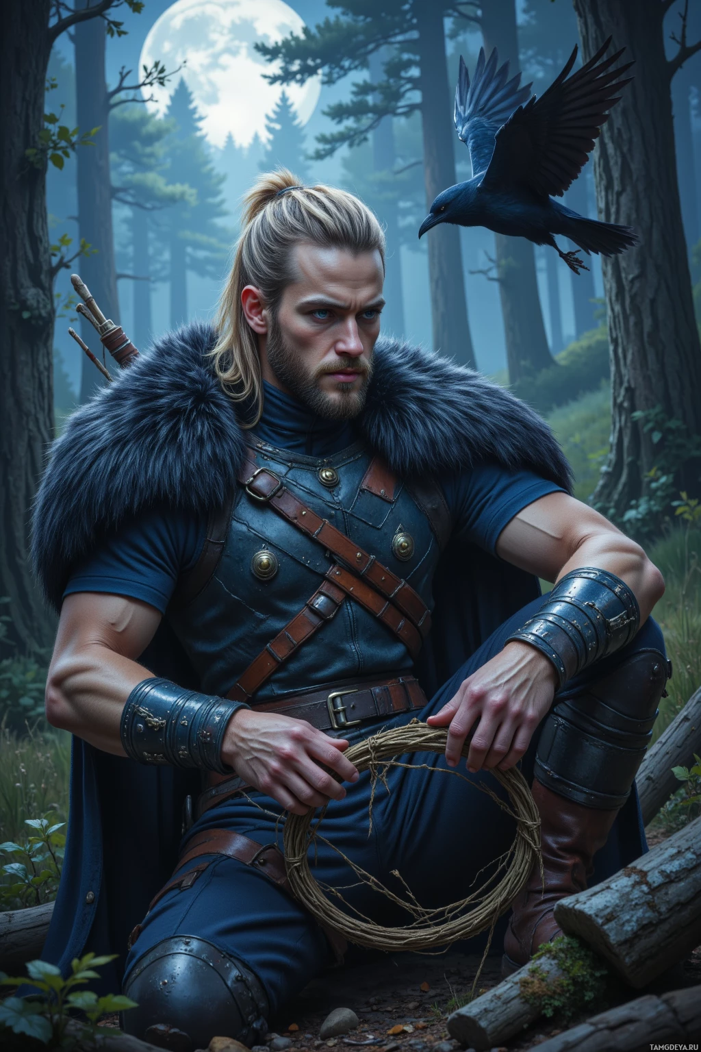 Realistic high quality photo. Muscular dark‑blonde‑haired male hunter with blue eyes and pale skin, in fur‑lined leather armor with metal accents and bone details, setting a tightly woven snare loop in a moonlit forest clearing at night, with a crow circling overhead, quiet and solitary atmosphere.