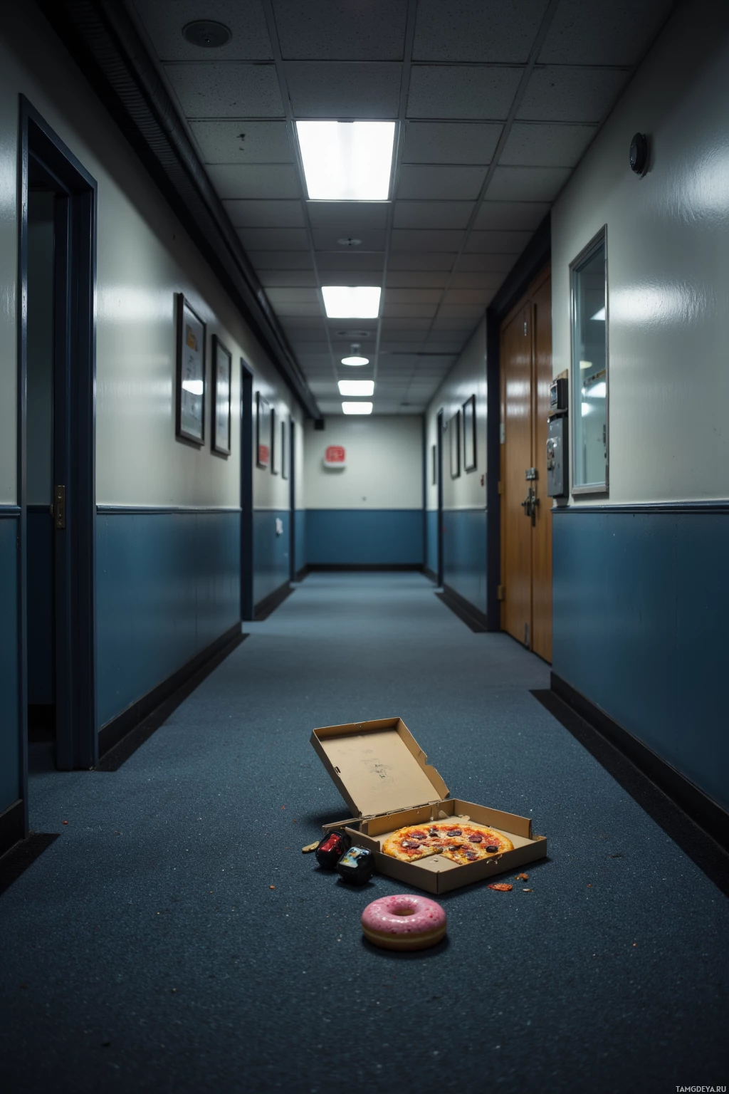 Realistic high quality photo. Modern office hallway at dusk with flickering fluorescent lights, an empty lunch box area where a pizza slice has vanished, and a lone donut on the carpet beside a glowing ceiling light suggesting a playful treasure hunt vibe.
