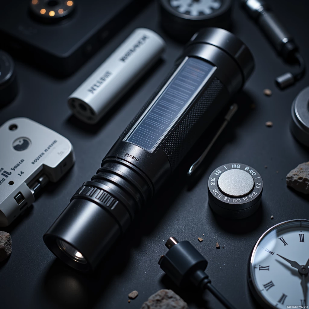 Semi-abstract image with many light, that is suitable for the post:  A matte black titanium hand‑crank flashlight with a 360° rotating head, foldable solar panel, detachable battery pack, and integrated 5V USB port.