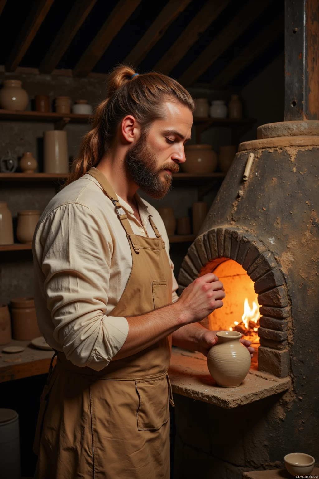 Realistic high quality photo. A 40‑year‑old male potter with long blonde hair in a neat ponytail, thick beard, wearing a worn beige apron over an off‑white linen shirt, stands at night by a glowing wood‑fired kiln in his rustic workshop, hands lightly dusted in clay and face serene as he steadies his wrist to shape a ceramic vessel.