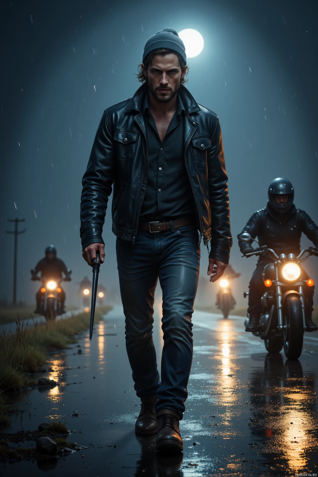 Realistic high quality photo. A tall 35‑year‑old man with messy dark brown hair, blue eyes, pale skin and rugged features, wearing a black leather jacket, dark jeans, and a gray beanie, walking defiantly along a deserted highway at night, clutching a motorcycle's titanium handle, a stubborn grin on his face, his crew's gleaming helmets beside him, rain slicking the asphalt, moonlight reflecting off the metal, in a gritty yet purposeful scene.