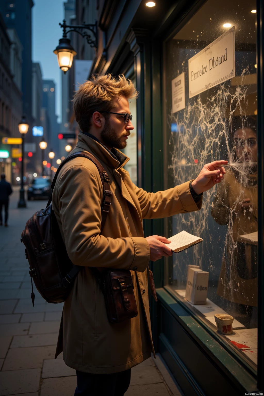 Realistic high quality photo. A solitary 33‑year‑old man with tousled blonde hair and glasses, wearing a classic trench coat and a brown leather satchel, stands under a lamppost on a midnight city street, tracing dust on a glass storefront with a worn notebook, embodying relentless curiosity and quiet rebellion against hidden corruption.