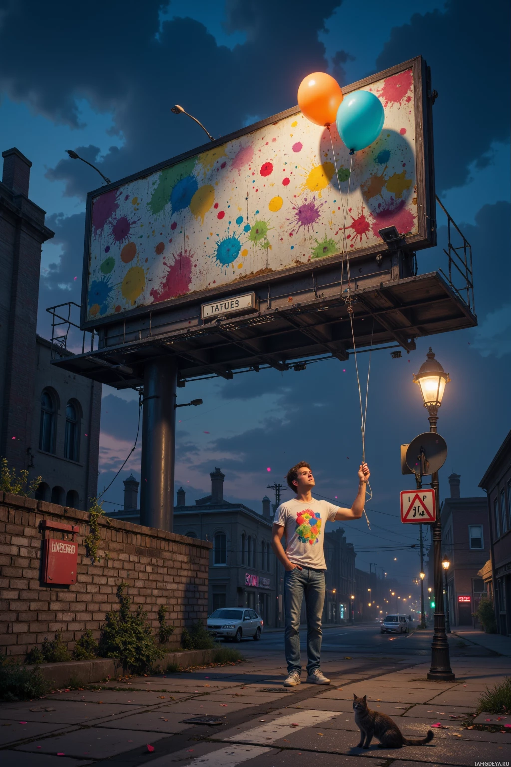 Realistic high quality photo. A 29‑year‑old man with light brown hair, blue eyes, fair skin wearing a paint‑splattered tee and denim jeans places a rainbow‑colored balloon beneath a weathered billboard on an old factory rooftop at night, while a stray cat watches from a ledge as he subtly shifts a traffic sign to create a safe crossing amid dim street lights and scattered confetti.