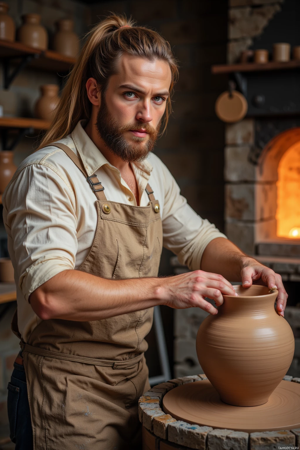 Realistic high quality photo. 40‑year‑old male artisan with long blonde hair tied back in a neat ponytail, piercing blue eyes, fair complexion, thick beard and defined cheekbones, wearing a worn beige craftsman’s apron over an off‑white linen shirt, stands at a wooden pottery wheel in a rustic studio, slowly turning a clay pot that shows a subtle crack as it rests beside a glowing traditional clay kiln under late afternoon light.