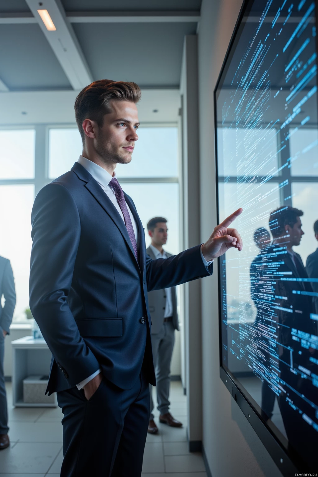 Realistic high quality photo. Tall, 35‑year‑old man with neatly styled light brown hair and piercing blue eyes, wearing a perfectly tailored suit and tie, stands authoritatively in a bright modern office at midday, pointing at a holographic data stream projected on a large screen while sunlight slices through blinds and casts dancing shadows across the wall, with a few blurred, distracted teammates in the background.