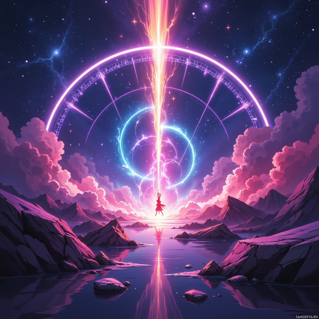 Semi-abstract image with many empty light space at center of beautiful background, that is suitable for the post:  A neon sundial, humming softly, measures laughter's temperature across the universe.