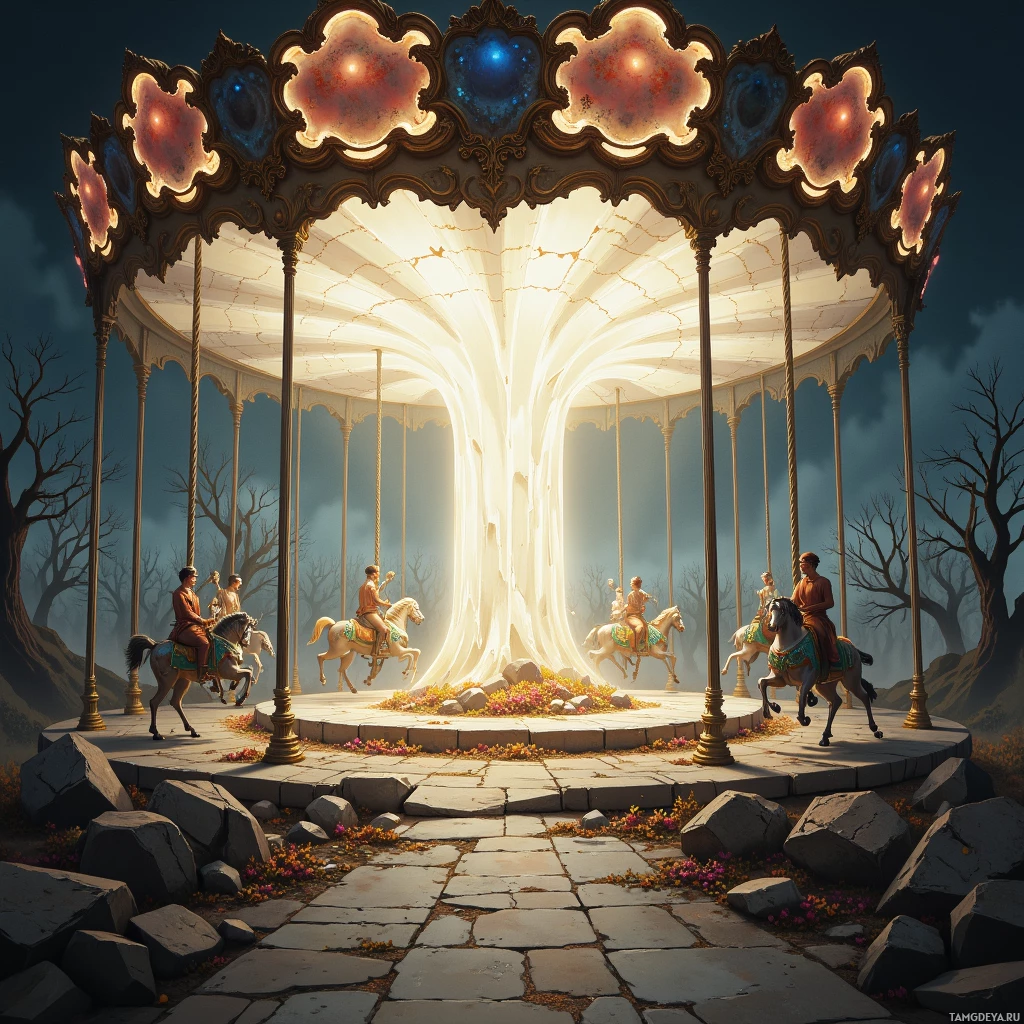 Semi-abstract image with many empty light space at center of beautiful background, that is suitable for the post:  The wind whispers through the cracks of an abandoned carousel, turning memories into silver bells.