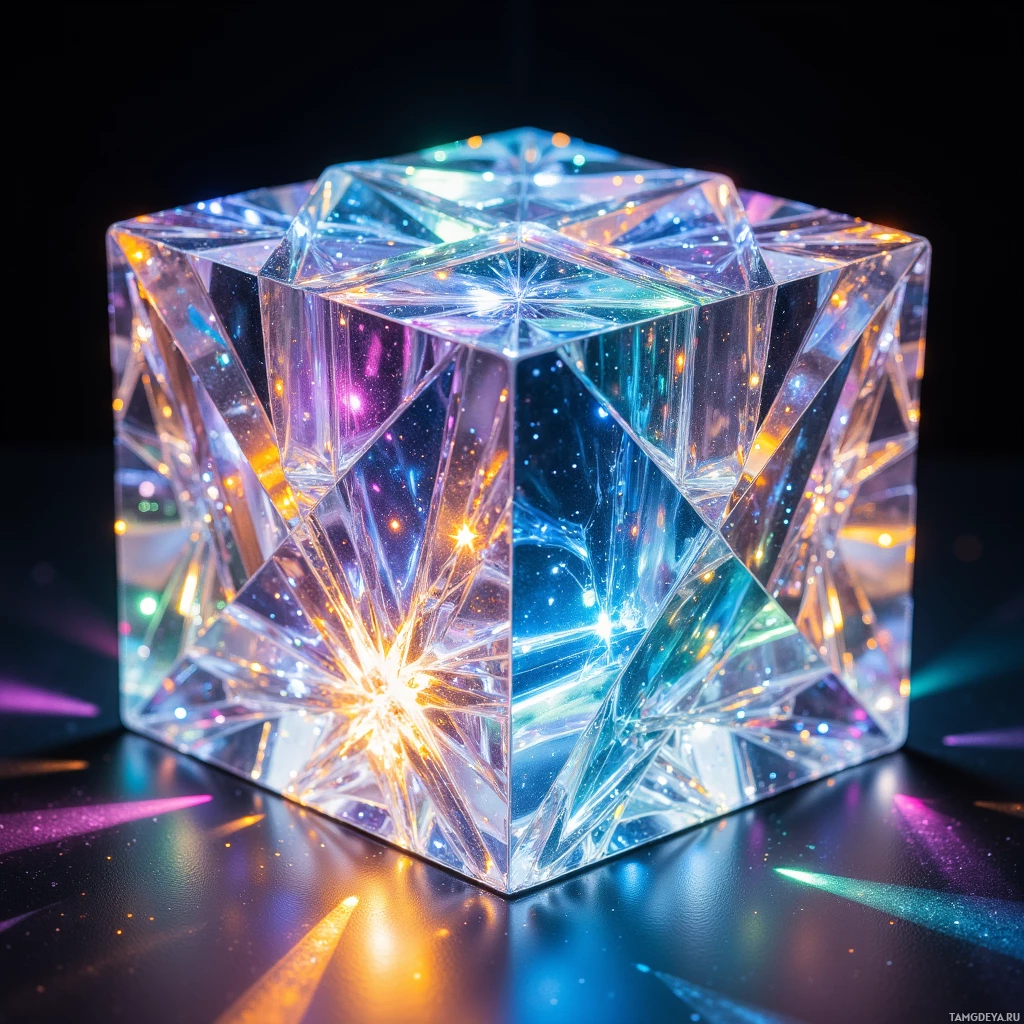 Semi-abstract image with many light, that is suitable for the post:  hand‑sized iridescent chrome prism cube with kaleidoscope‑like carved facets, each side reflecting shifting spectra, edges rimmed with faintly glowing brushed silver filaments, metallic aurora effect, geometric clean lines