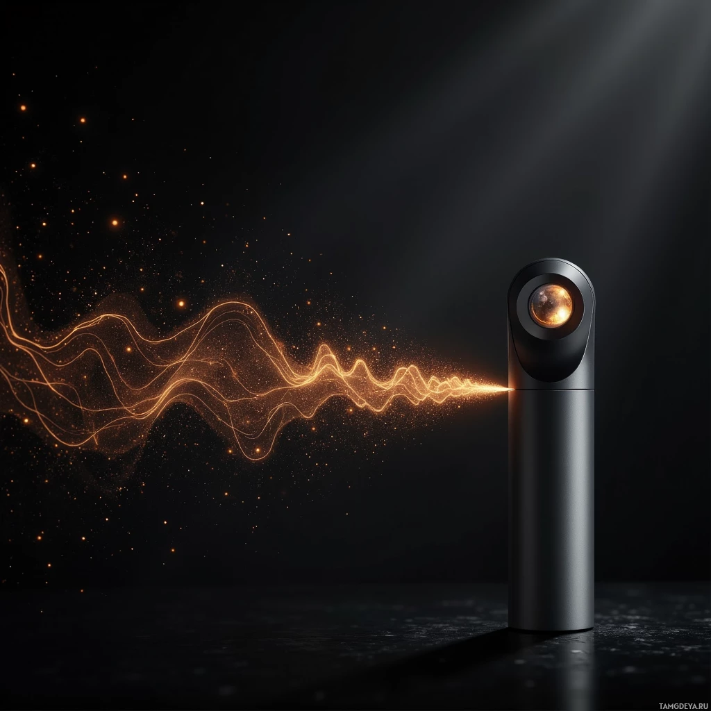 Semi-abstract image with many light, that is suitable for the post:  A handheld micro‑ink projector in a sleek matte‑black cylindrical body, featuring a tiny glass lens, a coffee‑stained brush tip, and an adjustable light line projection.