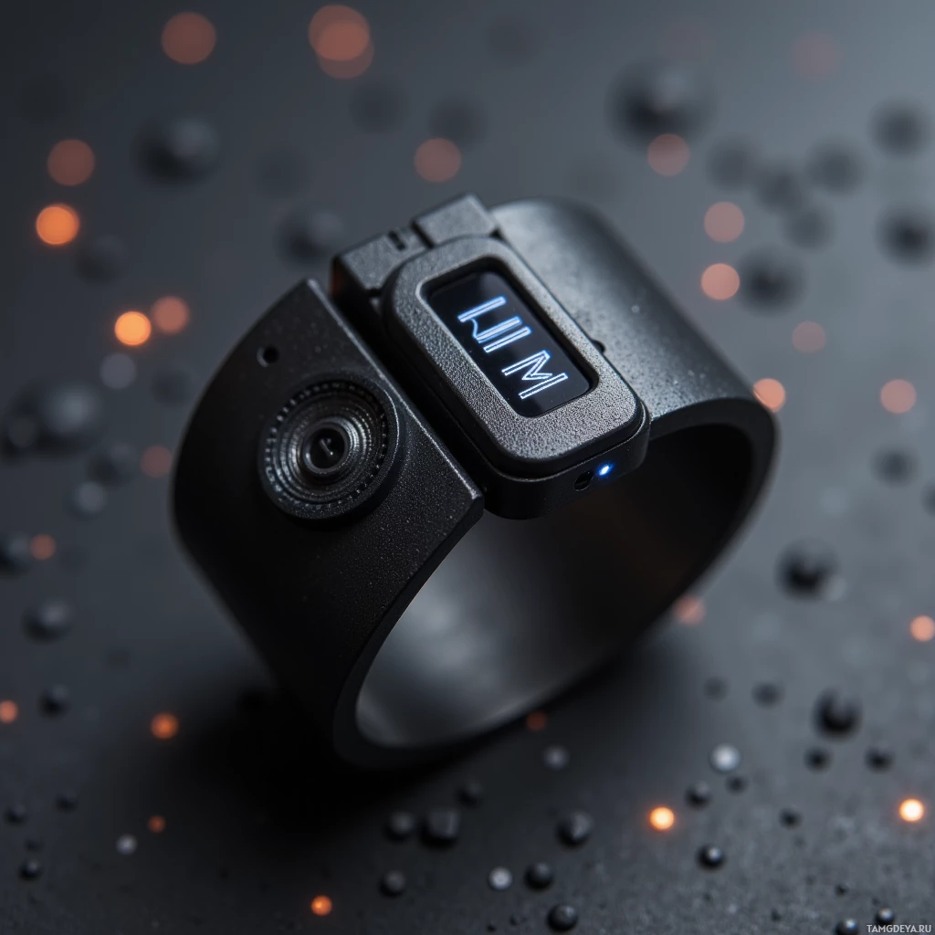 Semi-abstract image with many light, that is suitable for the post:  tiny matte‑black recycled aluminum finger ring with integrated solar kinetic chip, miniature mic and speaker array, subtle LED indicator, compact SSD compartment, sleek industrial design.
