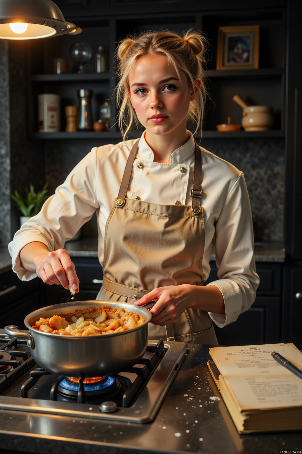 Человек в кухонном фартуке готовит на кухне.