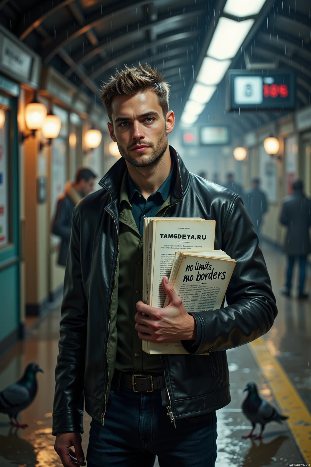 Мужчина стоит на дождевой платформе метро, держа в руках книгу.