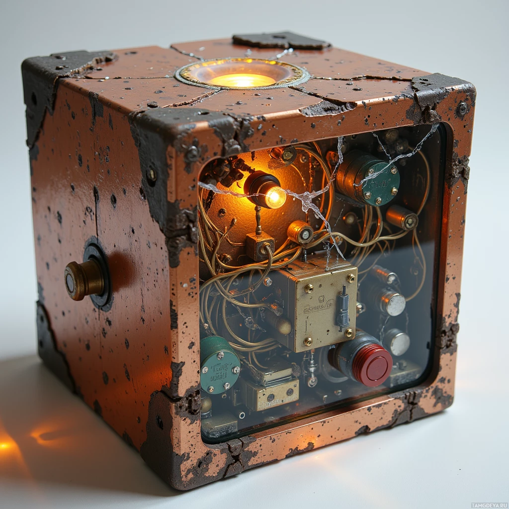 Semi-abstract image with many light, that is suitable for the post:  Battered 12‑inch copper‑plated cube with a cracked glass lid revealing a maze of salvaged relay boards and tangled wiring inside, finished with a tiny brass button on one side, all surrounded by rusted edges and subtle glowing accents.
