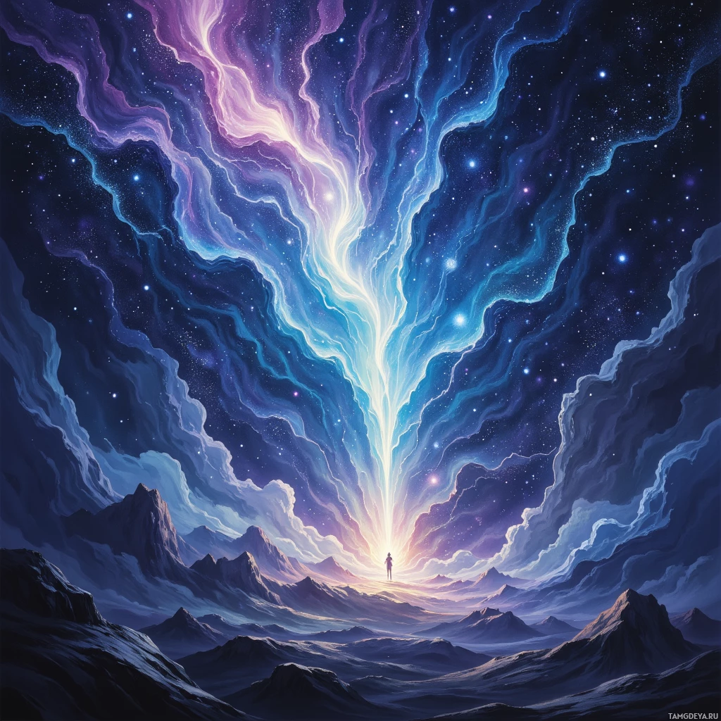 Semi-abstract image with many empty light space at center of beautiful background, that is suitable for the post:  A galaxy of thoughts unspools, each star a question, each comet a quiet answer.