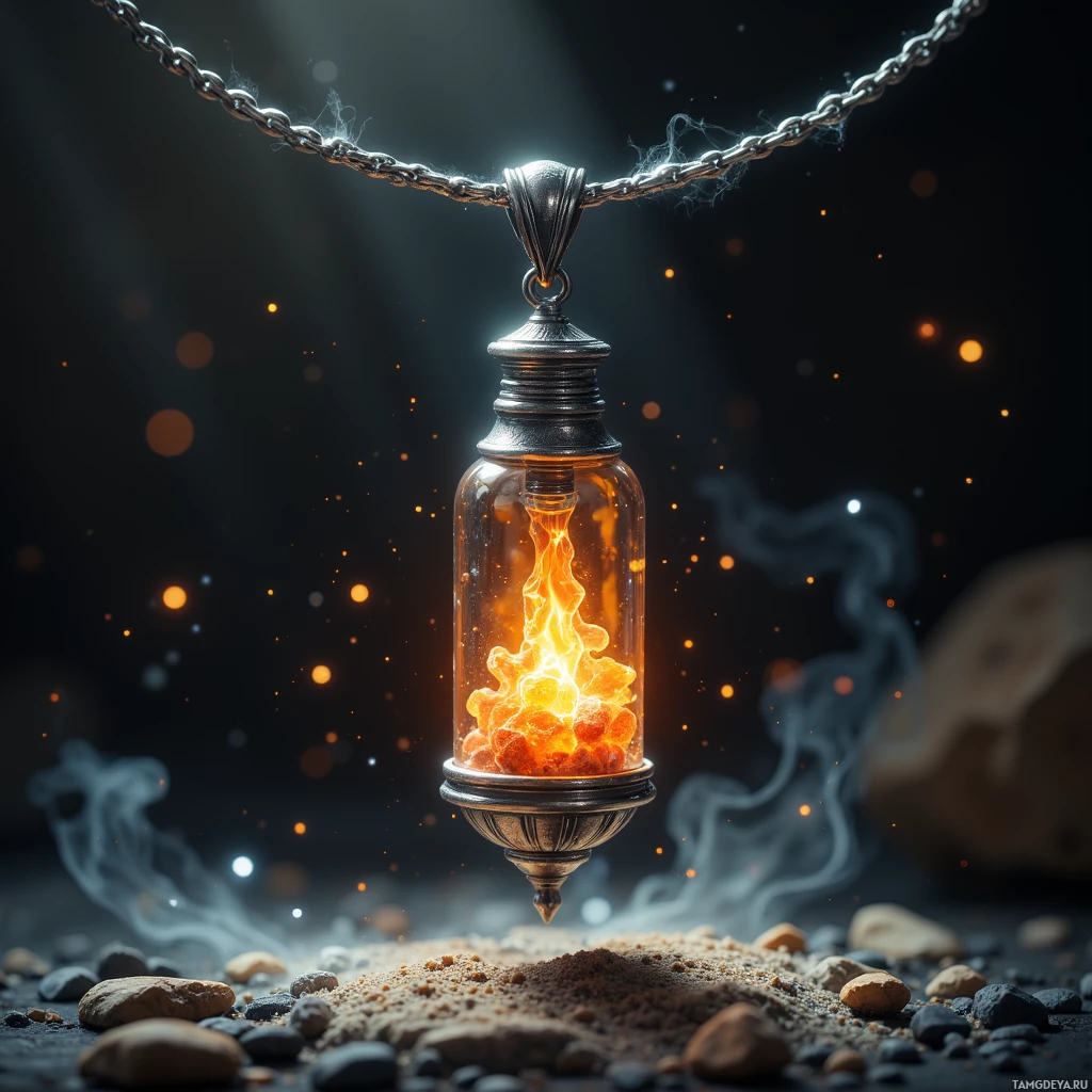 Semi-abstract image with many light, that is suitable for the post:  Tiny silver pendant with a crystal vial holding a constantly flickering orange ember, encased in heat‑resistant glass that refracts a halo of light, with a twisting metal clasp that channels kinetic energy into a small glowing torch.