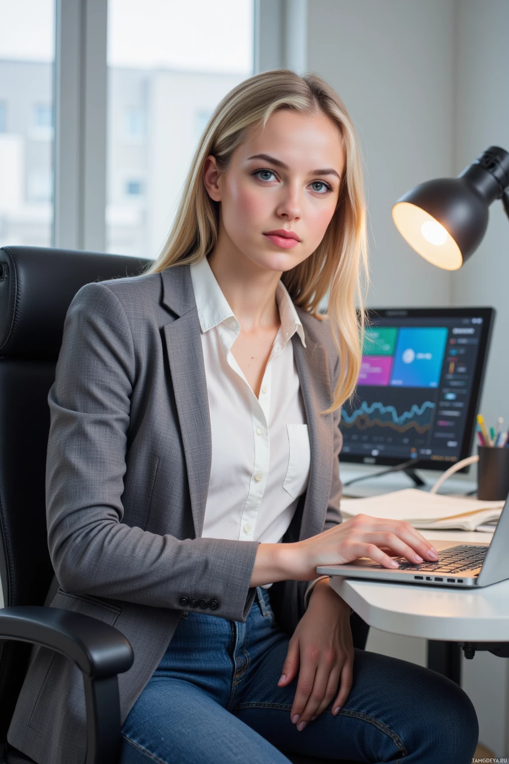Realistic high quality photo. blonde woman with sleek hair, blue eyes and fair skin in a crisp white blouse, fitted blazer, tailored jeans, confidently seated on an ergonomic chair that looks like a therapist, adjusting the angle of her laptop keyboard at a modern office desk while an AI dashboard displays UX metrics and a bright desk lamp illuminates the workspace, daytime lighting.