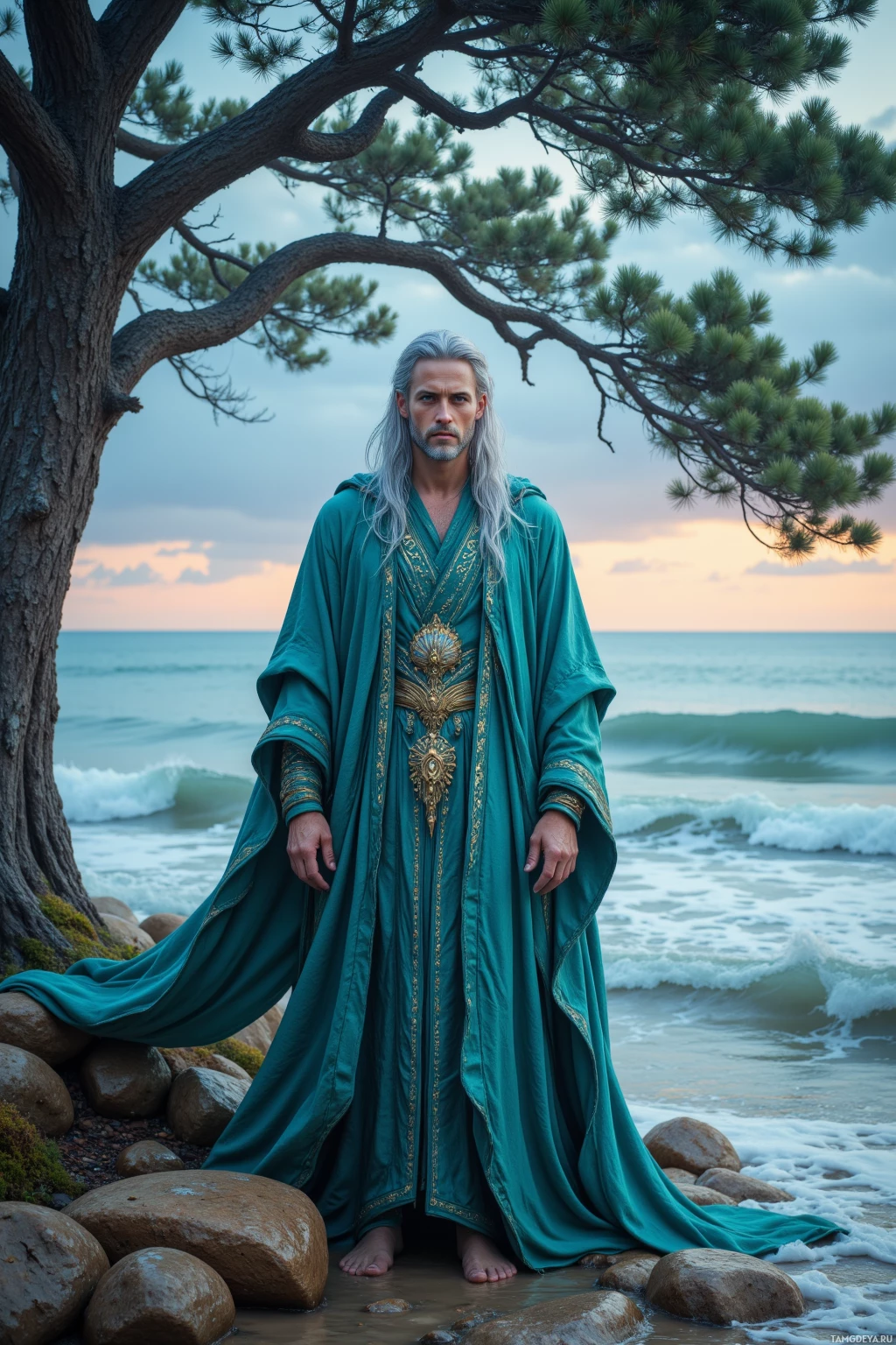 Realistic high quality photo. A serene 29‑year‑old male oceanic sorcerer with flowing light blue hair to his shoulders, clear blue eyes, pale complexion, wearing turquoise and deep sea green sea‑inspired robes with wave and shell motifs, standing on a rocky shore beside an ancient cedar tree, listening to the hush of the tide, salt mist swirling around him, calm after a storm, ocean waves glistening under twilight light.