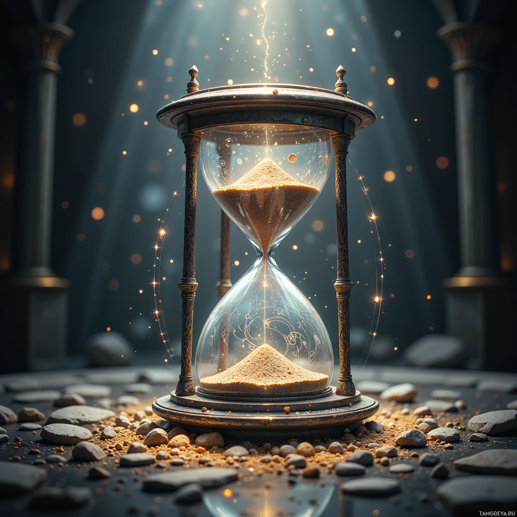 Semi-abstract image with many light, that is suitable for the post:  Silver hourglass with a gleaming silver frame, translucent glass etched in faint swirling lines that catch light like a portal, and tiny sand grains each engraved with shifting glyphs that shimmer as the grain falls.