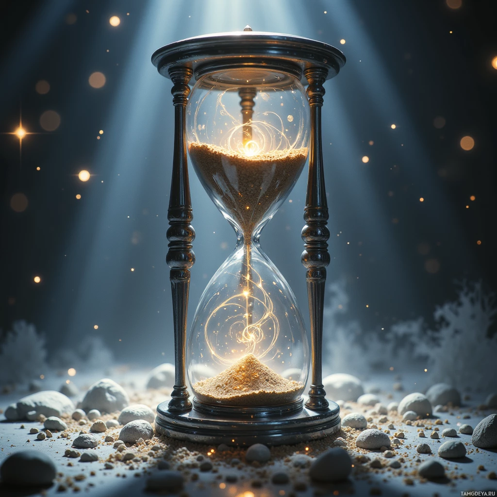 Semi-abstract image with many light, that is suitable for the post:  Silver hourglass with a gleaming silver frame, translucent glass etched in faint swirling lines that catch light like a portal, and tiny sand grains each engraved with shifting glyphs that shimmer as the grain falls.
