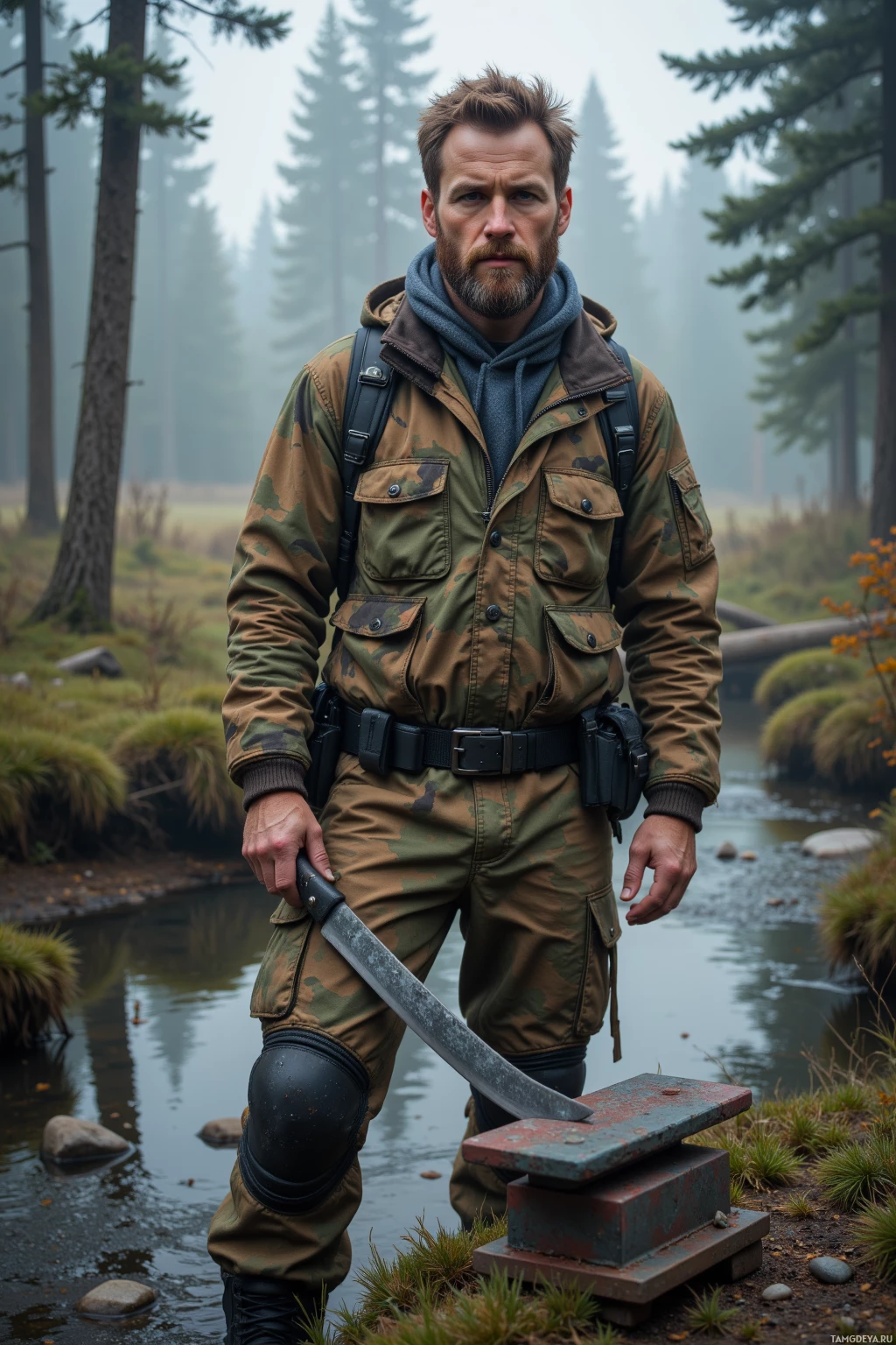 Realistic high quality photo. A 36‑year‑old man with short light brown hair, thick beard and brown eyes in a camouflage jacket and durable cargo pants stands in a misty forest clearing beside a clear stream sharpening an old machete on a whetstone under soft morning light from tall pine trees.