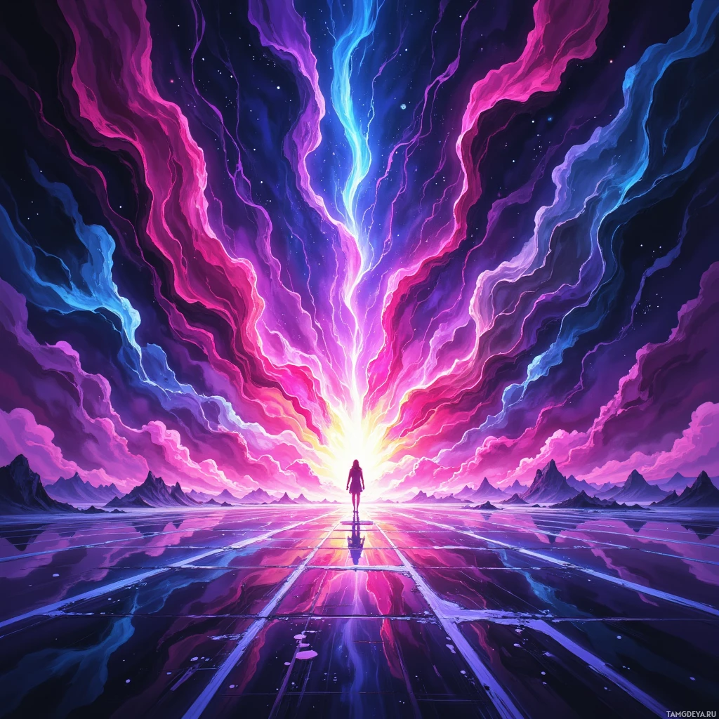 Semi-abstract image with many empty light space at center of beautiful background, that is suitable for the post:  The horizon bleeds neon, and I chase it like a shadow chasing its own grin.