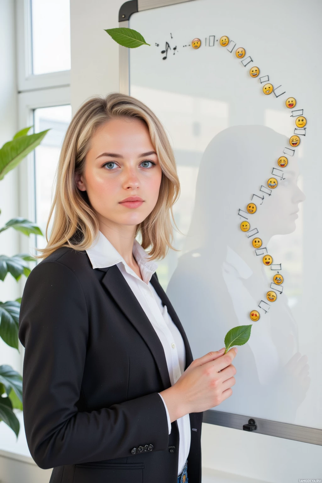 Realistic high quality photo. 28‑year‑old woman with shoulder‑length blonde hair, blue eyes and fair skin wearing a white blouse beneath a fitted black blazer and dark jeans standing in a bright modern office beside a large whiteboard turned into an abstract sculpture of a sketch and board game set, each option labeled with emoji symbols while a small potted plant leaf falls near her and a spiraling staircase diagram projects from the board, music notes swirling around to suggest energetic pep talks.