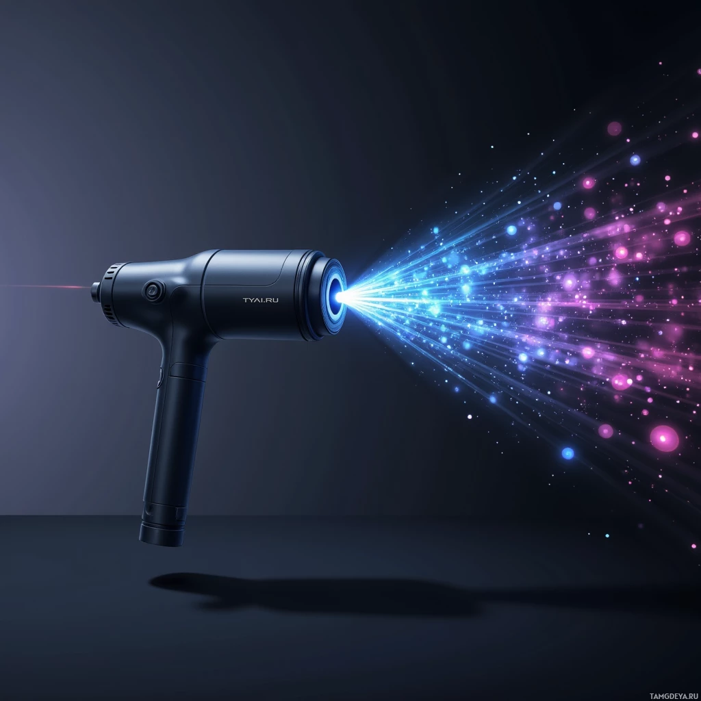 Semi-abstract image with many light, that is suitable for the post:  sleek matte‑black handheld projector shaped like a paint roller with a laser pointer‑style tip, featuring a thin flexible battery strip, a holographic emission port, ergonomic grip, and a voice‑activated control interface.