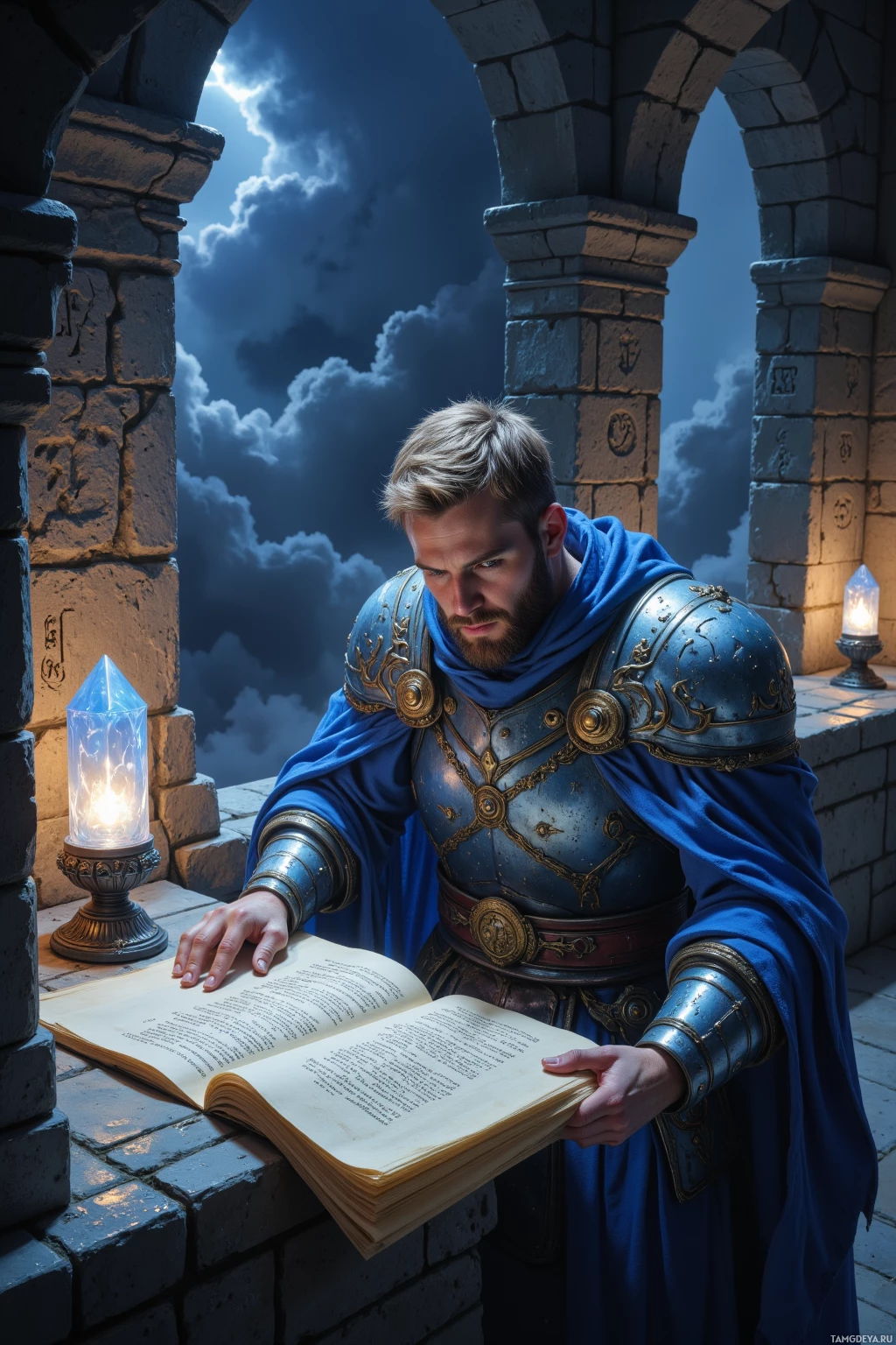 Realistic high quality photo. male, 33, short light-brown hair, piercing blue eyes, wearing deep-blue and silver armored robes, hunched over ancient rune scrolls beside a humming crystal lantern inside a dim stone chamber with etched runes on the walls while storm clouds swirl outside.