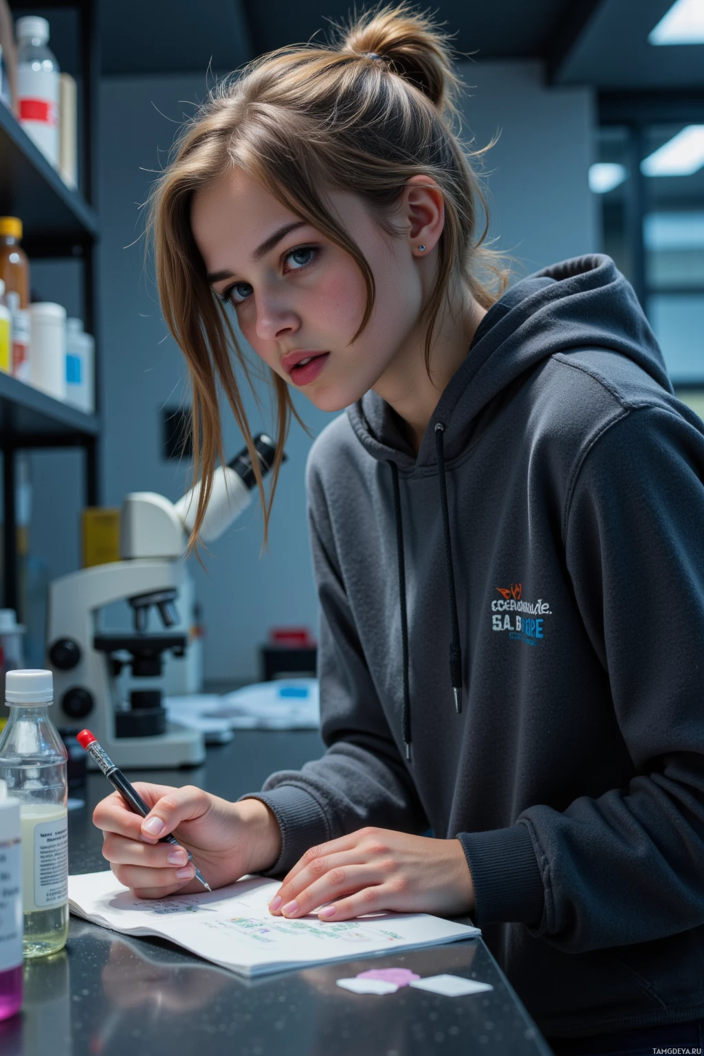 Realistic high quality photo. A 21‑year‑old woman with messy brown hair and bright blue eyes, wearing a hoodie, jeans, and sneakers, stands at a cluttered lab bench with a microscope, hurriedly scribbling notes while her expression mixes frustration and excitement, staring at an unresponsive slide in a dimly lit modern laboratory.