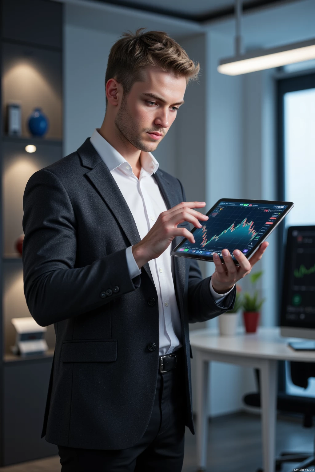 Realistic high quality photo. A 34‑year‑old male with short blonde hair, blue eyes, pale complexion, wearing a white dress shirt, dark gray blazer, and black trousers, intensely focused on a tablet displaying a cryptocurrency chart in a sleek modern office with minimalist decor and soft ambient lighting, his hands hovering over the screen as he analyzes market data.