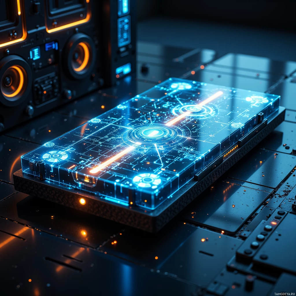 Semi-abstract image with many light, that is suitable for the post:  sleek carbon‑fiber chassis with a translucent OLED touchpad glowing in interactive light patterns, minimalistic metal and glass accents, subtle neon blue and warm white illumination highlighting the intricate patching interface, futuristic industrial aesthetic.