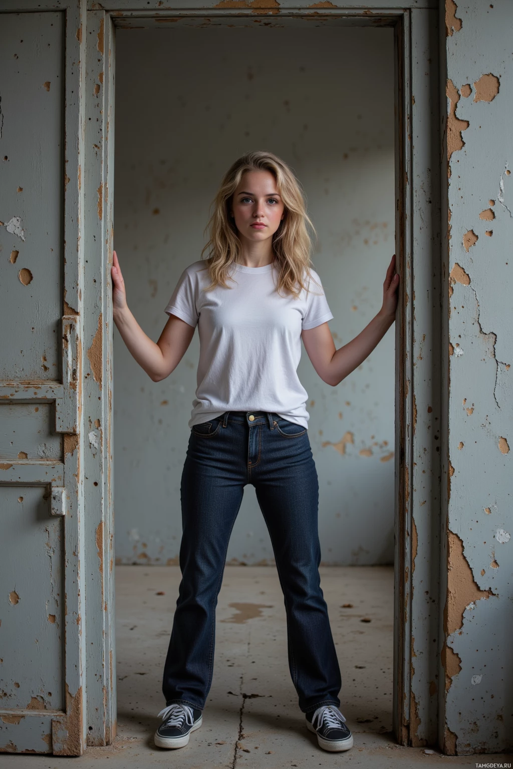Realistic high quality photo. female 28 with curly blonde hair and blue eyes, wearing dark jeans, a white t‑shirt, black canvas sneakers, standing in an abandoned loft turned gallery with gray walls, flipping an oxidized door to reveal a raw.