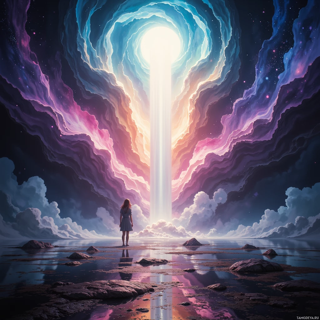 Semi-abstract image with many empty light space at center of beautiful background, that is suitable for the post:  The world is a film where every plot twist is a cheap joke, and the audience pays in existential dread.