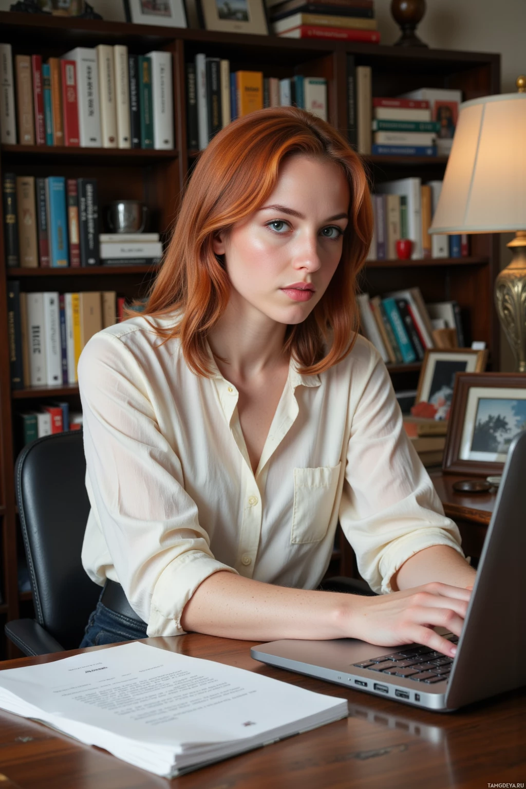 Realistic high quality photo. Woman with shoulder‑length red hair, bright green eyes, wearing a flowy white blouse and high‑waisted bohemian pants, sits at a cluttered home office desk drafting a manifesto on a laptop, dramatically rolling her eyes, staring at her with a regal gaze, as she scrolls her phone.