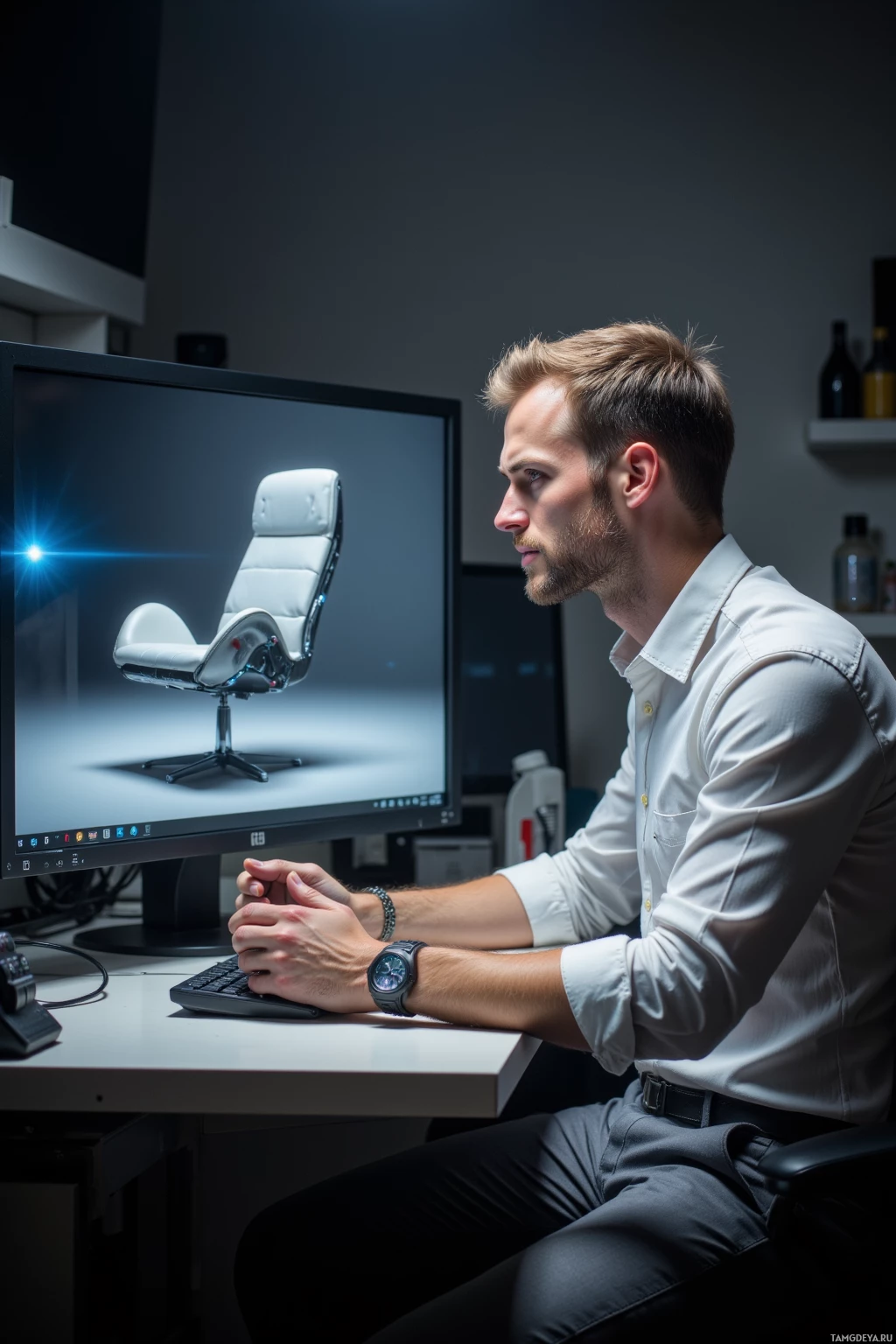Realistic high quality photo. A 30‑year‑old man with short light brown hair, blue eyes, wearing a crisp white buttoned shirt and grey trousers sits at a cluttered workbench in a dimly lit studio, staring intently at a large grayscale monitor displaying an AAA prototype chair whose vertex behaves like a rebellious nanobot, while a single bright blue LED flickers on the screen casting sharp light onto his face, revealing a grimacing yet sad smile.