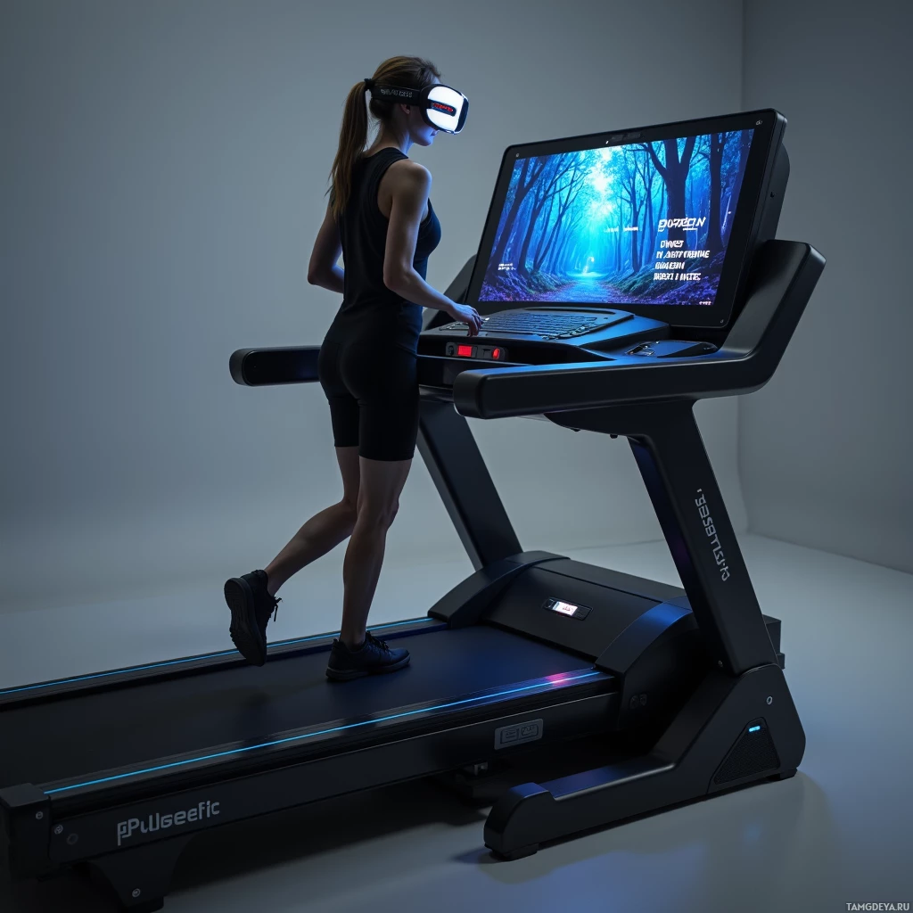 Semi-abstract image with many light, that is suitable for the post:  A sleek matte-black PulseFit Smart Treadmill with a cockpit‑style chassis, integrated glowing OLED display flashing motivational quotes, built‑in VR screen projection area showing dynamic city and forest scenes, subtle heart‑rate sensor panels on the side, smooth curved tread belt, minimalistic modern aesthetic.