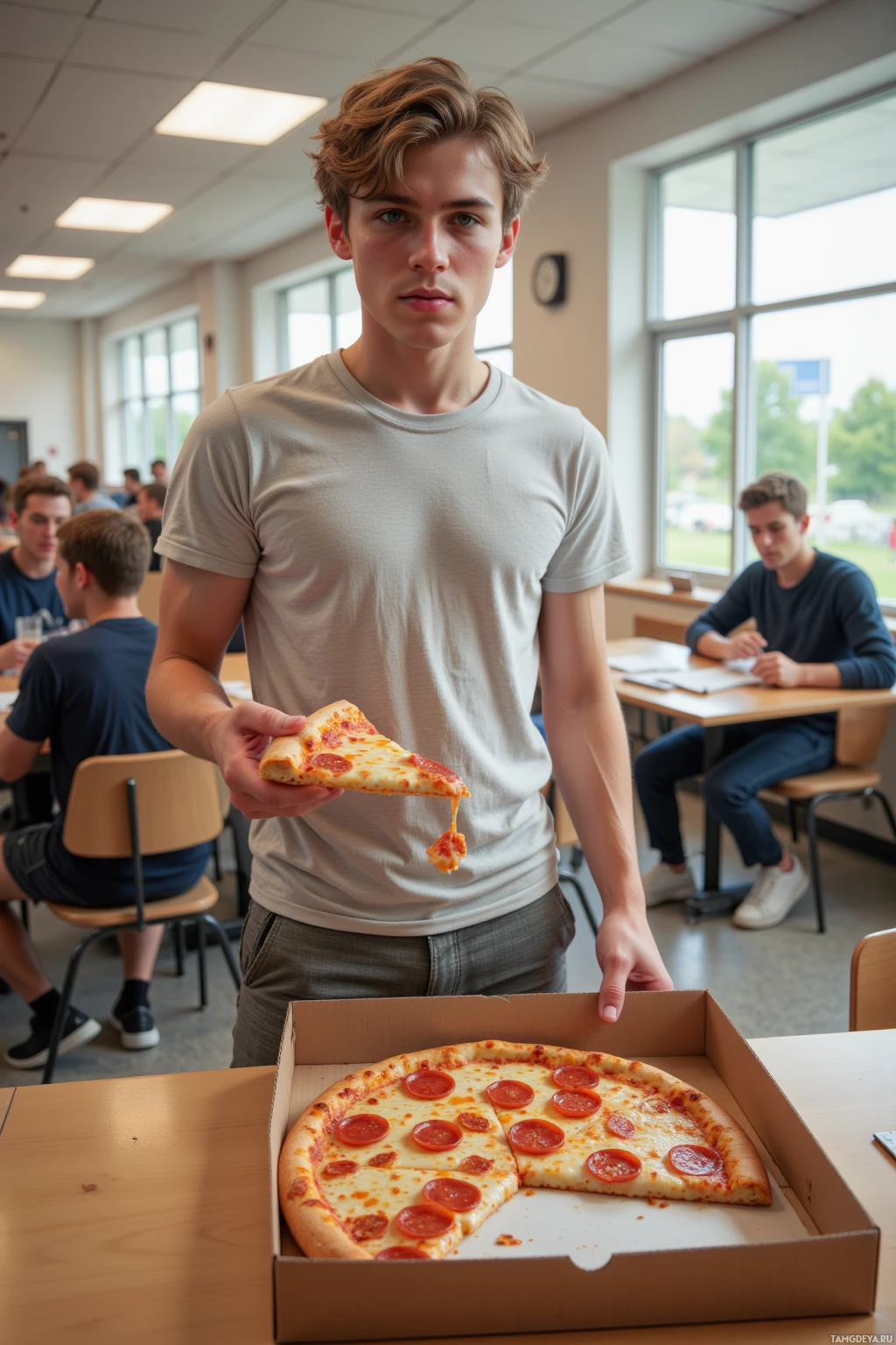 Realistic high quality photo. Young male student (21) with messy light brown hair, blue eyes, wearing a plain t-shirt, loose sweatpants, black socks, standing in a bright university cafeteria at midday, holding an open pizza box and a jigsaw puzzle piece while reaching for the last pepperoni slice; other students around are laughing, casual indoor dining setting, modern realism.