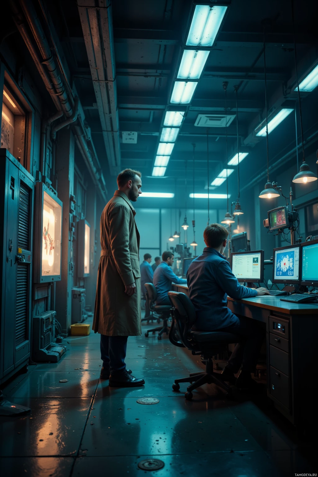 Realistic high quality photo. 29‑year‑old tall male with short light brown hair, glowing cyan eyes, pale skin, wearing a structured coat traced with iridescent lines, intensely focused in a dim sci‑fi lab with old server racks and calibrated fluorescent bulbs casting a subtle hue shift; prisms aligned to produce a clockwise shadow on the floor while coworkers stare blankly into a dark void beyond closed blinds.