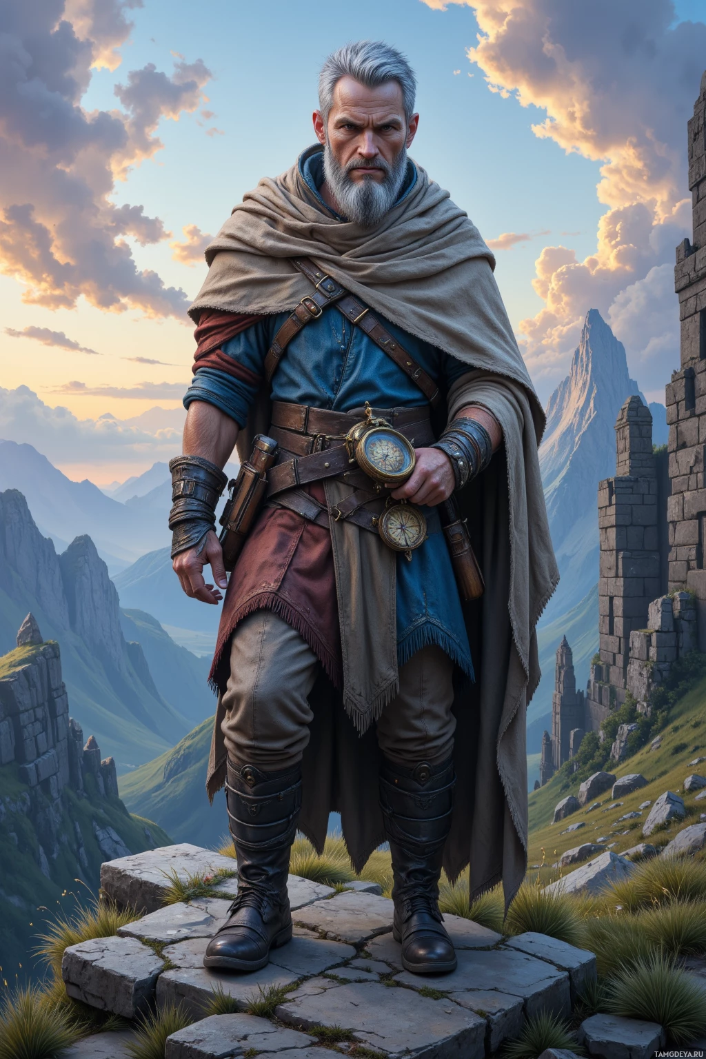 Realistic high quality photo. Tall, silver-haired 35-year-old man with sharp blue eyes, weathered face, wearing a faded traveler’s cloak, durable pants, sturdy tunic, standing on a dew‑laden basalt ridge at dawn, clutching a battered compass, surrounded by crumbling ruins on a vast plateau beneath a sky of rune‑shaped clouds.