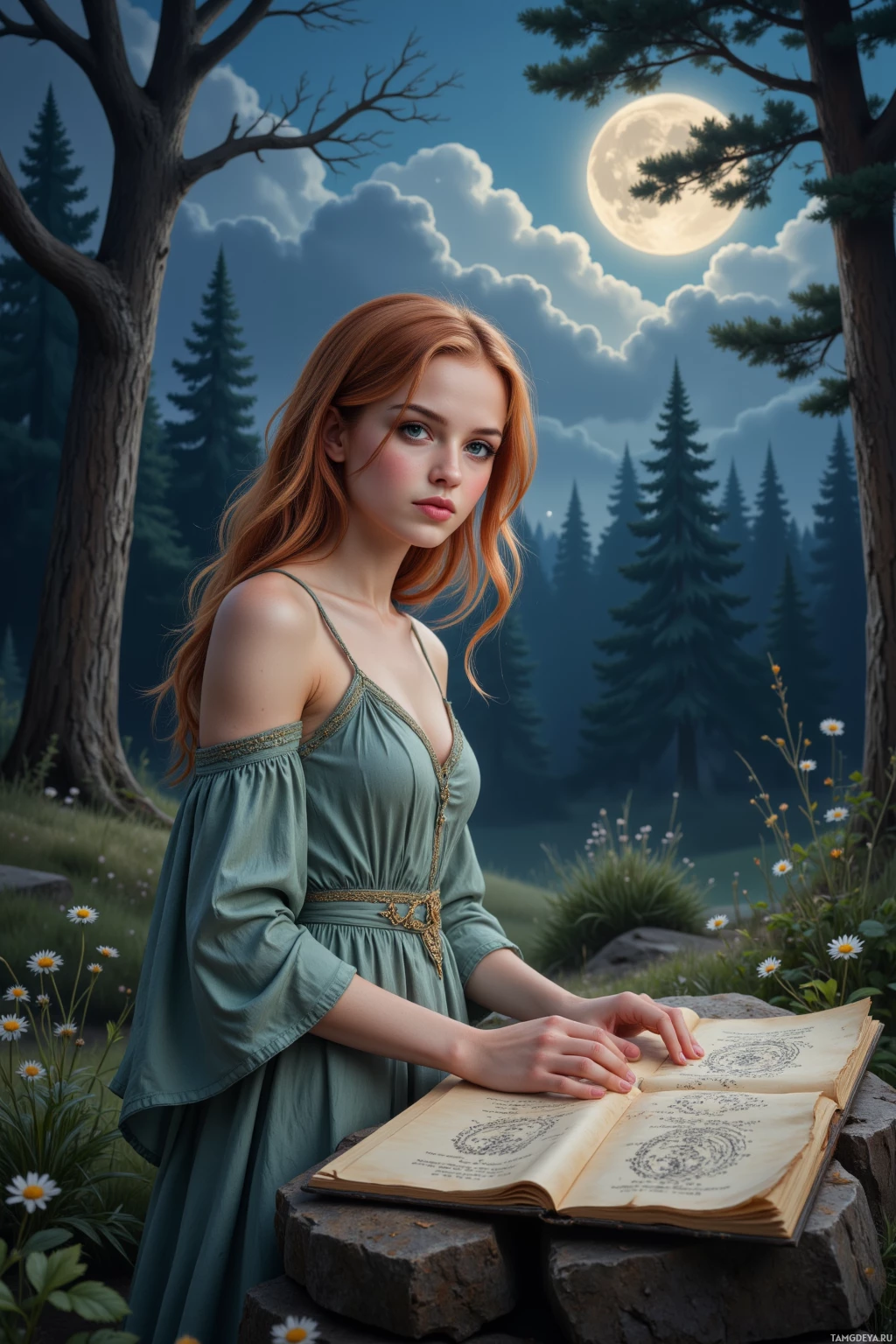 Realistic high quality photo. A 26‑year‑old woman with soft rose‑red loose curls, blue eyes, pale flawless skin and high cheekbones, wearing a flowing elegant dress, stands in a moonlit glade under silver starlight, gently tracing patterns on a weathered parchment as a gentle wind rustles the tall trees around her.