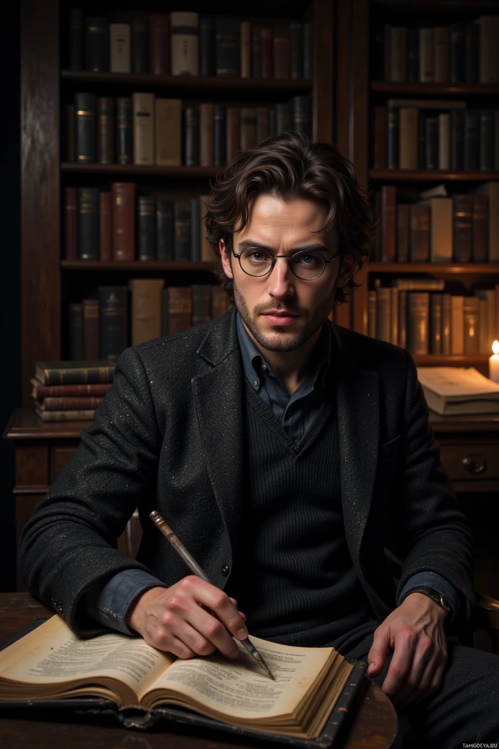 Realistic high quality photo. A 34‑year‑old male writer with messy dark hair, pale skin, blue eyes, round vintage glasses, wearing a dark tweed jacket, knitted sweater, and old‑fashioned trousers, sits at midnight in a dim study illuminated by a single candle, leaning over a dusty law book with a diary in its margins, his foot casting a shadow on the wooden floor, surrounded by towering shelves of ancient tomes.