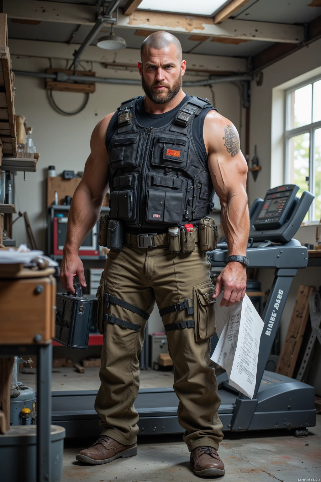 Realistic high quality photo. Male 40, massive build, shaved head, piercing blue eyes, tactical vest, rugged pants, standing in a cluttered garage with a treadmill and workbench, holding a toolbox and grocery list while tying a rope around the treadmill to secure it, midday light, modern realism