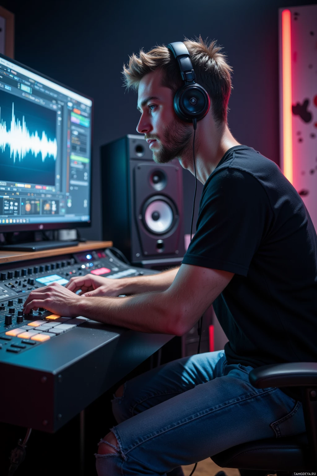 Realistic high quality photo. A 28‑year‑old man with short light brown hair, pale skin, blue eyes, wearing denim jeans and a black t‑shirt sits at an audio mixing console in a dim studio; headphones are glued to the back of his ears as he intensely focuses on mapping distortion from a phantom bass line on a glowing screen while flickering studio lights pulse like glitchy heartbeat and faint 70s synth hum echoes from speakers.