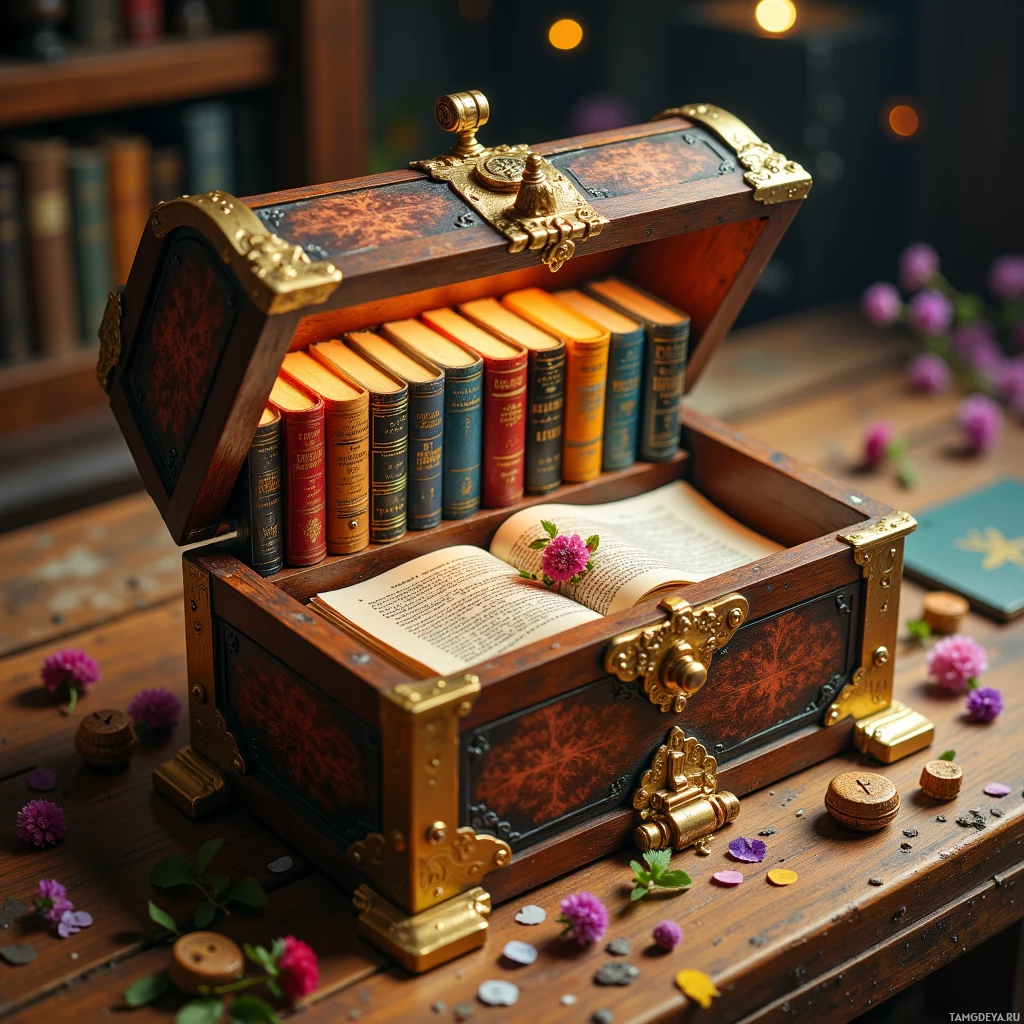 Semi-abstract image with many light, that is suitable for the post:  Tiny wooden puzzle chest with polished brass fittings, miniature colorful book spines in Dewey Decimal 000‑900 style sliding into slots to engage hidden gear mechanisms that reveal a secret compartment filled with dust jackets and pressed flowers
