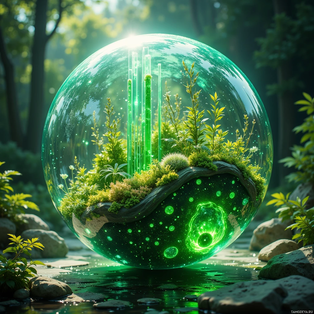 Semi-abstract image with many light, that is suitable for the post:  Floating translucent glass sphere with color‑shifting shell, crystal lens arrays, embedded micro‑biosensors, visible vertical garden inside, mist droplets, solar channels, touch‑screen panel displaying carbon offset stats, soft green glow.