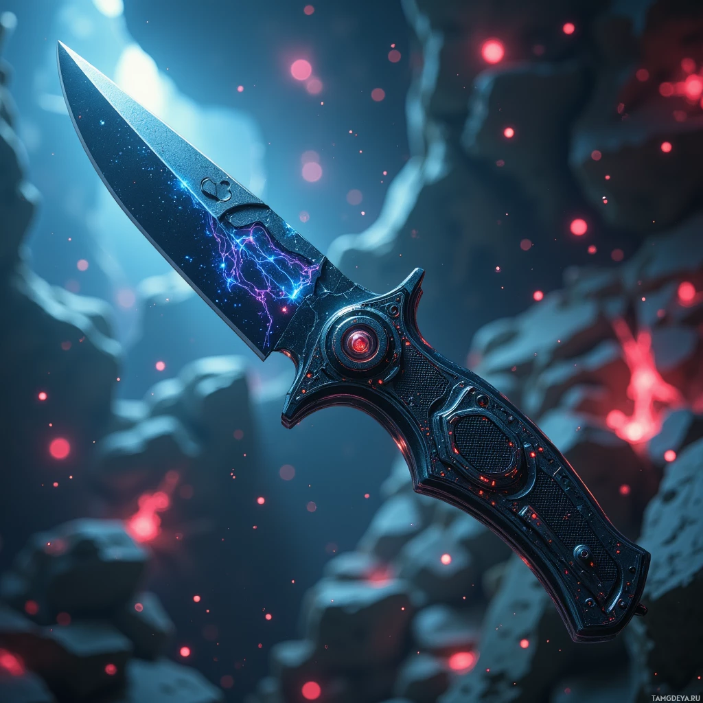 Semi-abstract image with many light, that is suitable for the post:  Ultrathin carbon‑titanium blade with a razor‑sharpened folding tip, matte‑black polymer handle, subtle iridescent glow from its magnetic field, and a sleek, integrated neural‑link interface along its length.