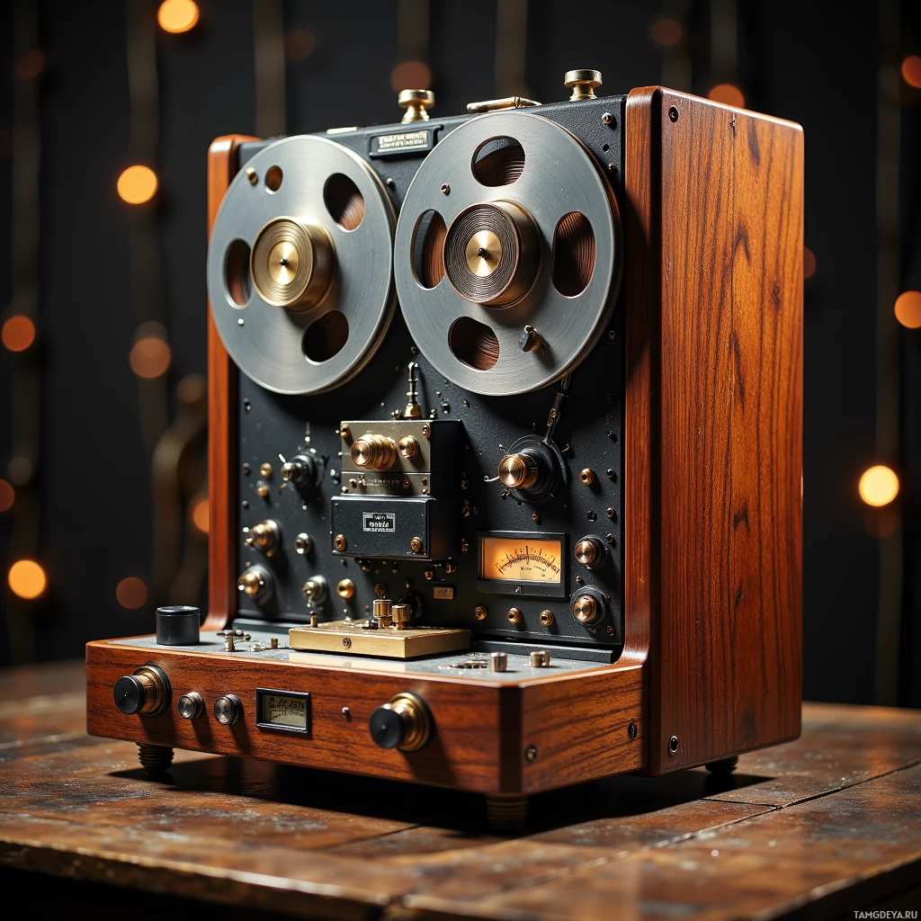 Semi-abstract image with many light, that is suitable for the post:  Handcrafted 1‑inch mono tape recorder with a deep mahogany chassis, chrome‑finished body, polished brass dials, visible tape reels and subtle analog circuitry, matte wood grain, and a vintage aesthetic.