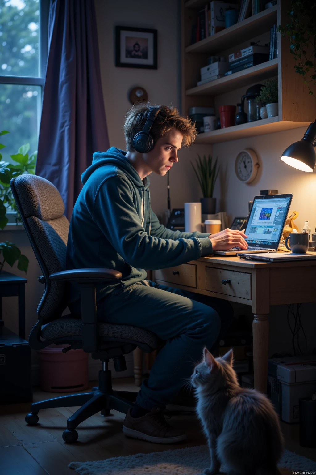 Realistic high quality photo. A 17‑year‑old man with messy light brown hair, blue eyes, pale skin, wearing a casual hoodie over a t-shirt and loose comfortable pants sits at a cluttered desk in his dimly lit bedroom, headphones on, laptop open showing music software, intensely focused while a gray cat watches from the floor under soft lamp light.